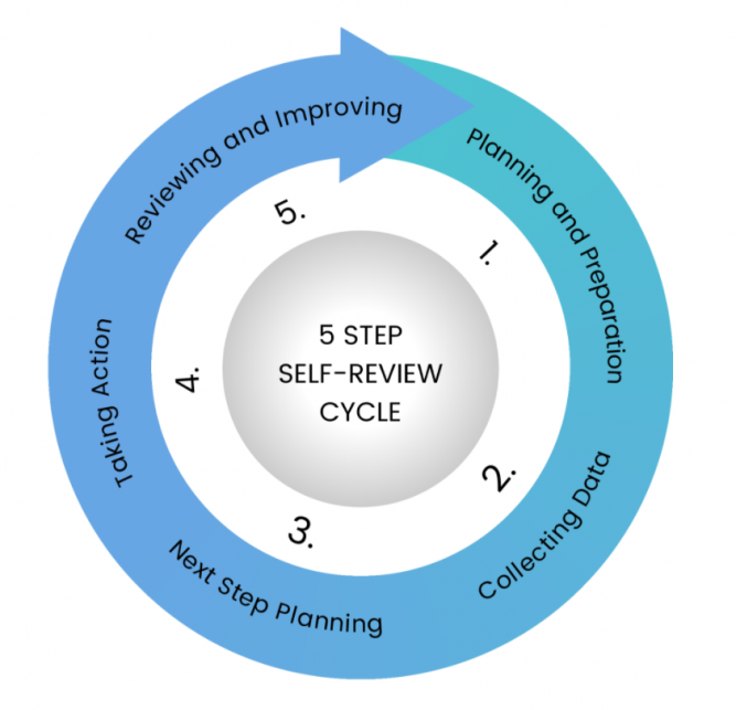 Diagram of a 5-step, self-review cycle