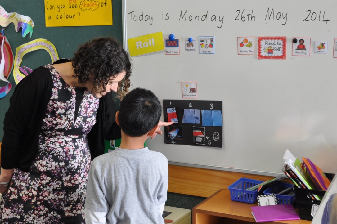 Teacher and student discussing visual timetable